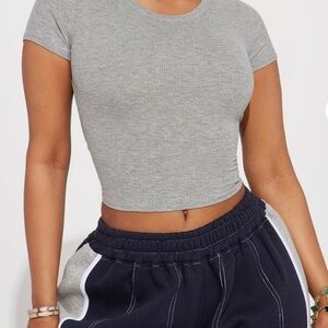 Grey Ribbed Crop Tee